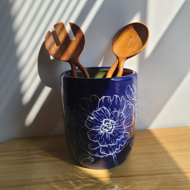 Hand carved crock and wood spoons